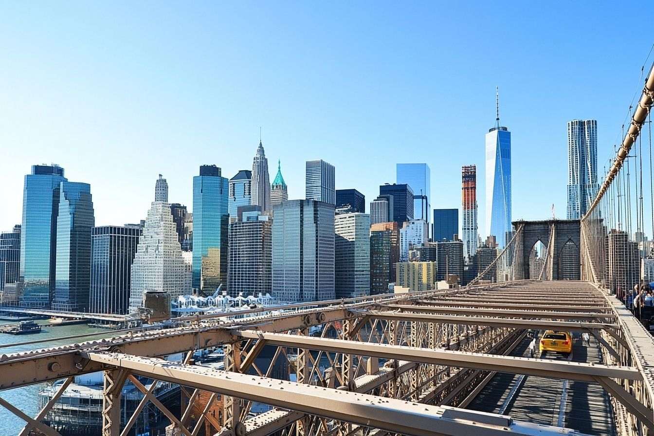 Image d'illustration. Vue du pont de brooklyn avec la skyline majestueuse de new york