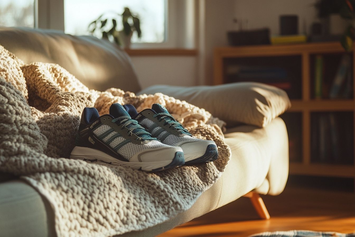 Un canapé douillet accompagné d'une couverture chaude, avec des chaussures de course négligemment posées à côté sur le sol