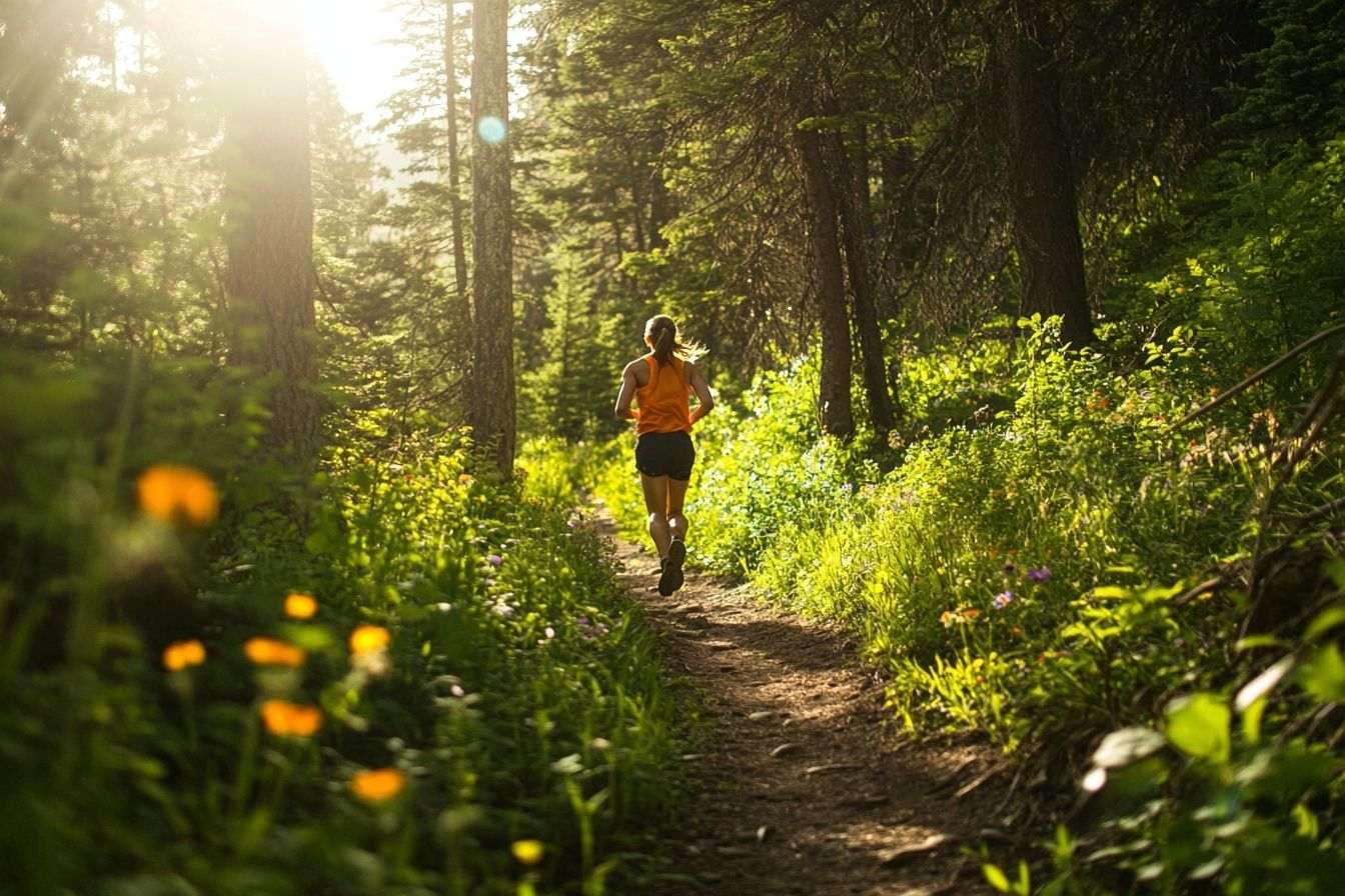 Un coureur traverse un chemin forestier baigné de soleil, entouré d'arbres verts éclatants et de fleurs sauvages multicolores.