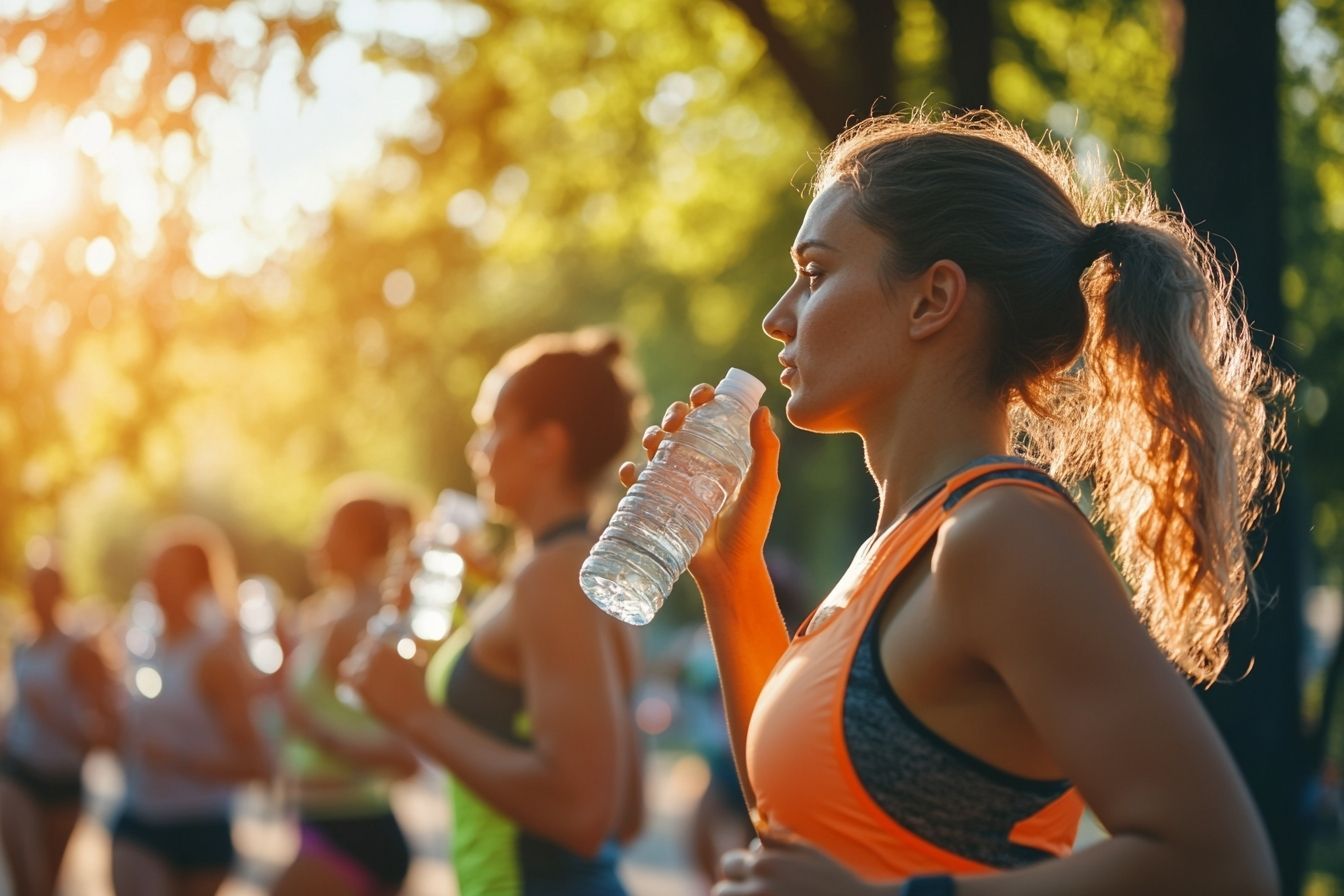 Image d'illustration. Coureurs s hydratant pendant un marathon ensoleillé