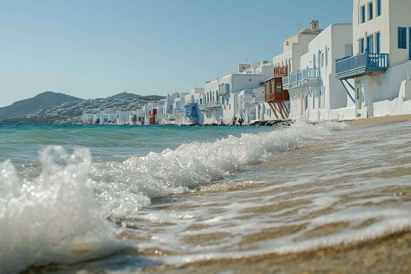 Image d'eau cristalline caressant les plages de sable, encadrées par des bâtiments blanchis typiques de l'architecture de Mykonos.