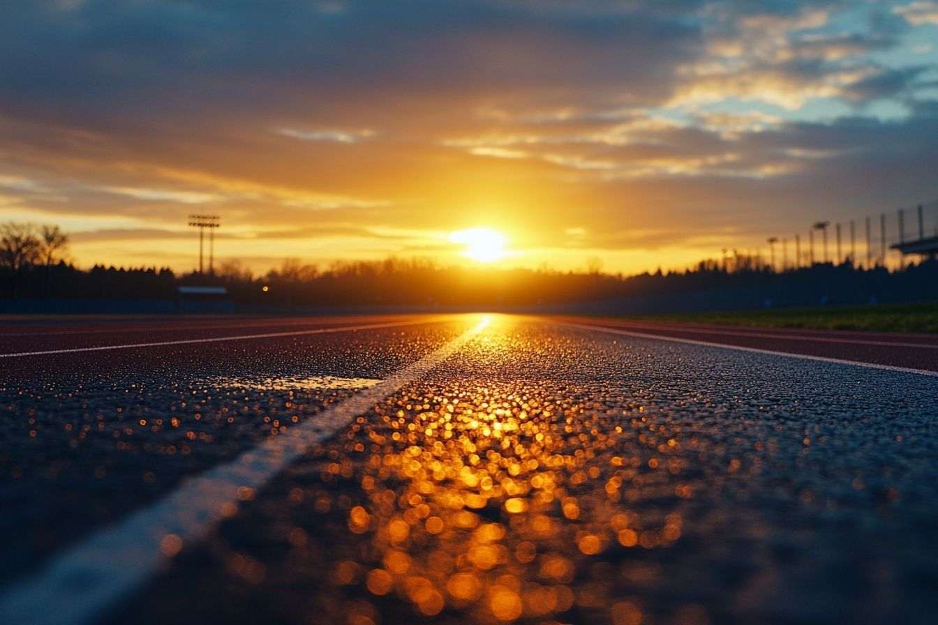 Un lever de soleil tranquille sur une piste de course, symbolisant de nouveaux départs et une énergie positive.