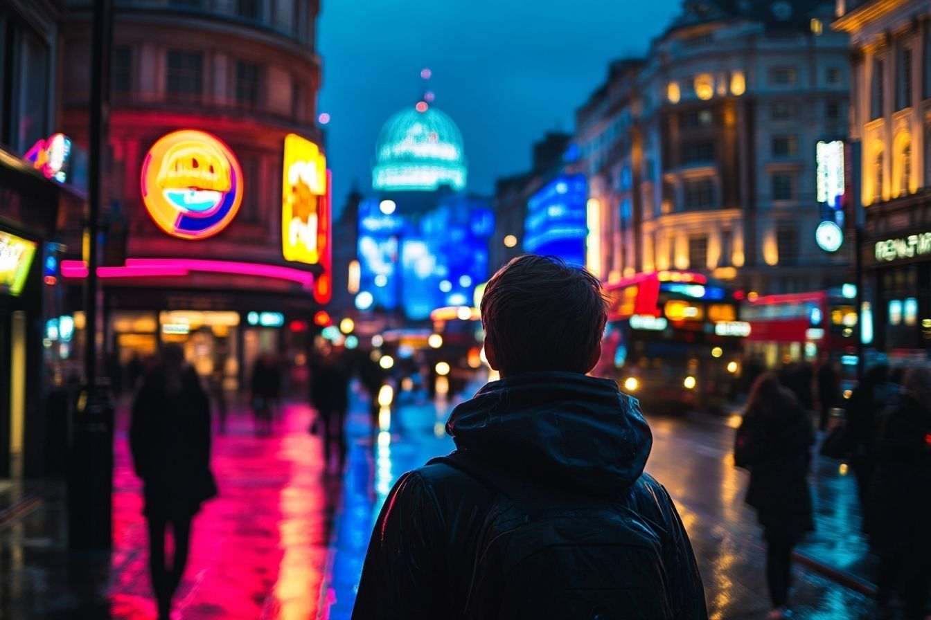 Les célèbres lumières néon éclairant les rues animées de Piccadilly à Londres, créant une atmosphère nocturne vibrante.