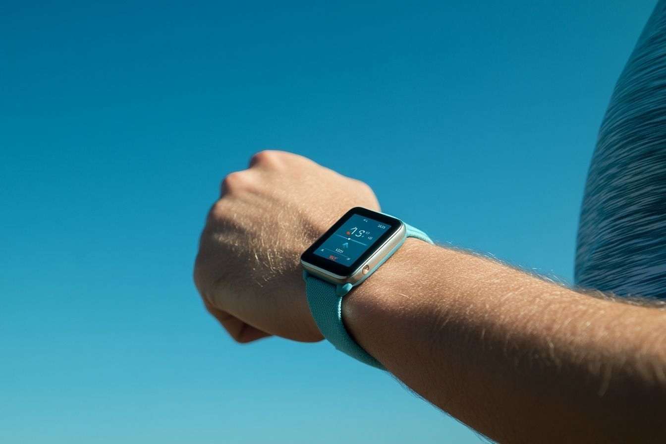 Poignet de coureur équipé d'une montre intelligente mesurant la distance sous un ciel bleu clair.