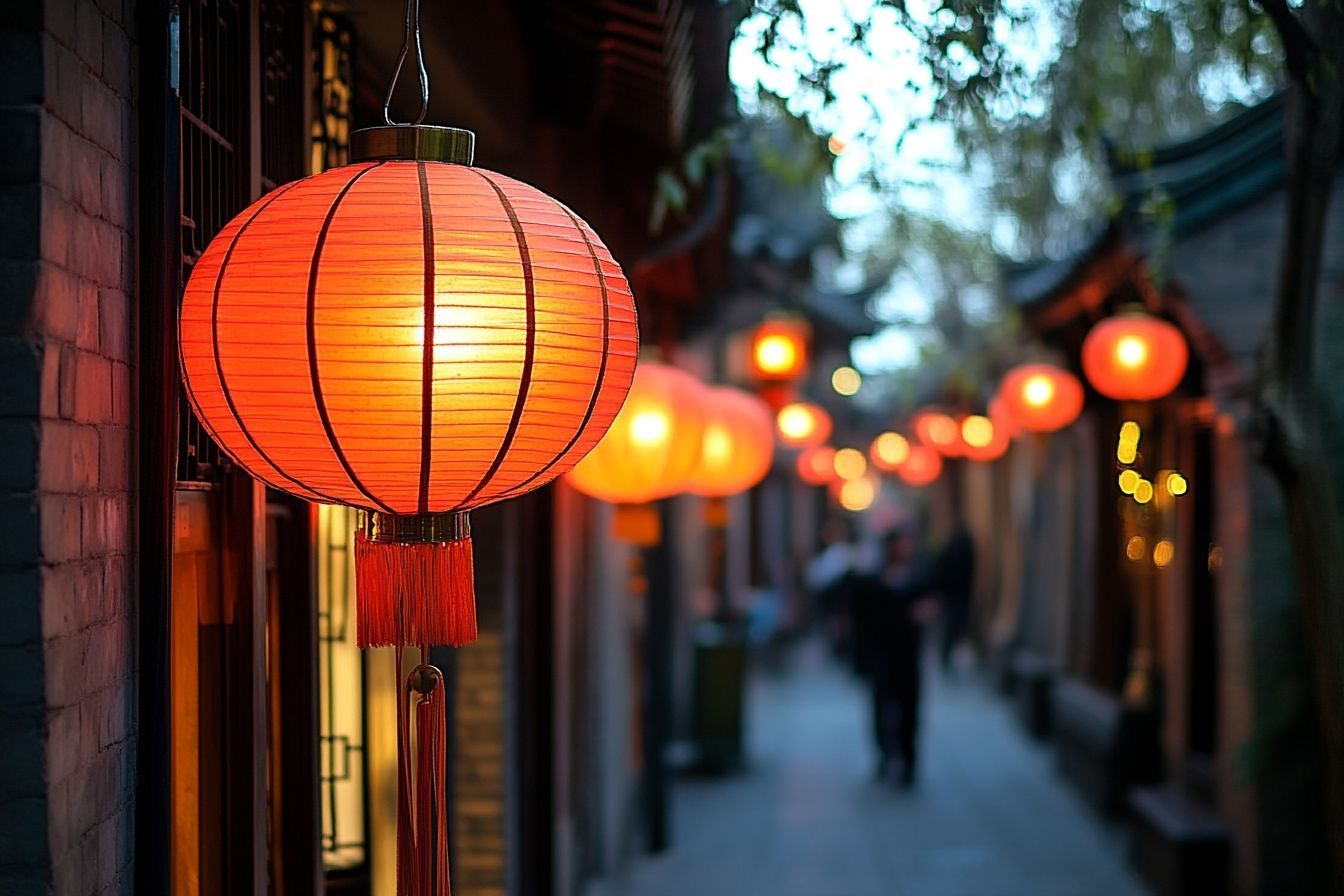 Une rue étroite de Pékin bordée d'une architecture traditionnelle et de lanternes rouges vibrantes illuminant la nuit.
