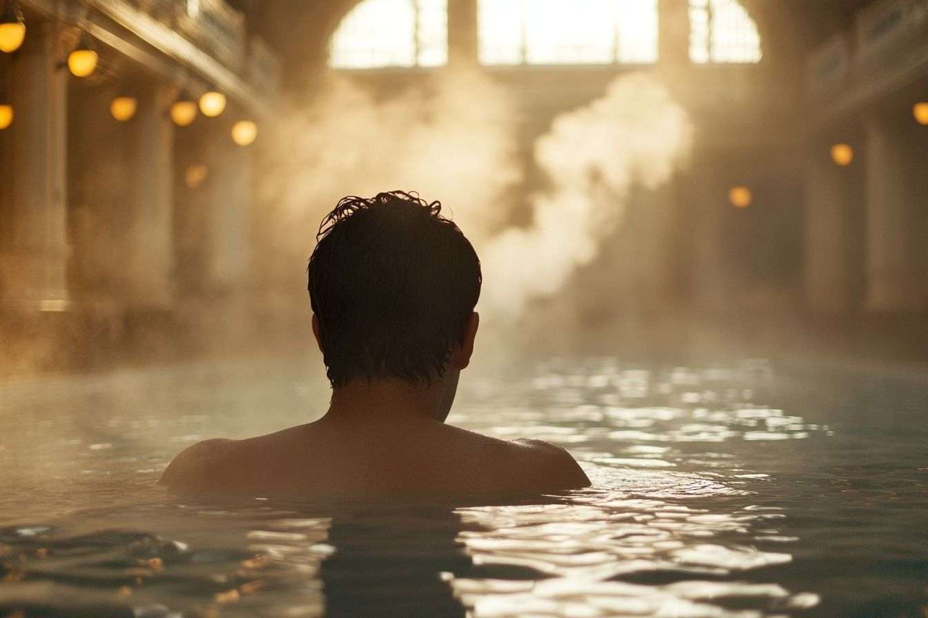 Entouré de vapeur, des bulles d'eau thermale montent doucement dans un spa somptueux à Budapest.