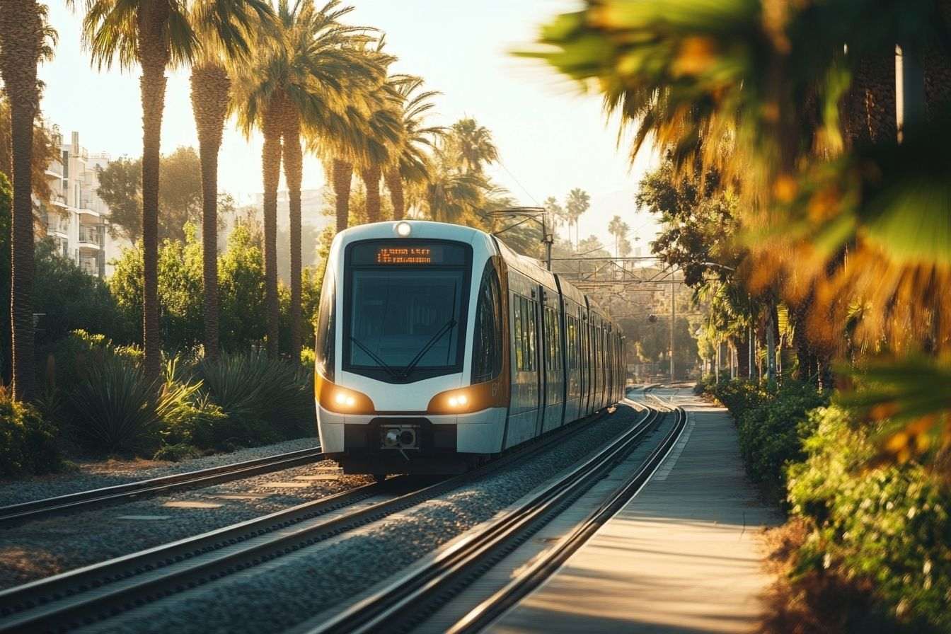 Image d'illustration. Train metrolink à travers le paysage urbain californien