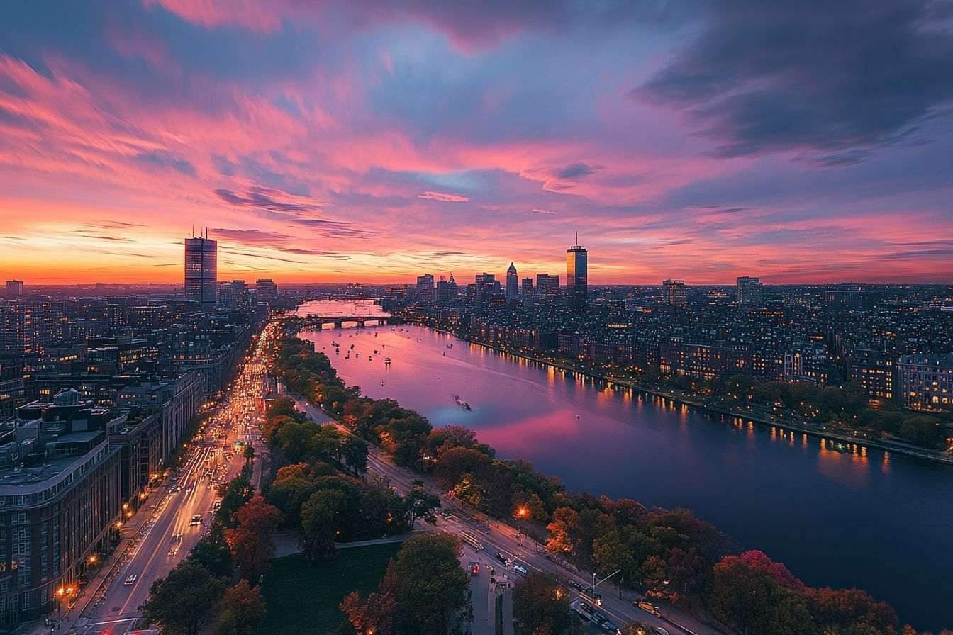 Image d'illustration. Vue aérienne du coucher de soleil sur la ligne d horizon de boston