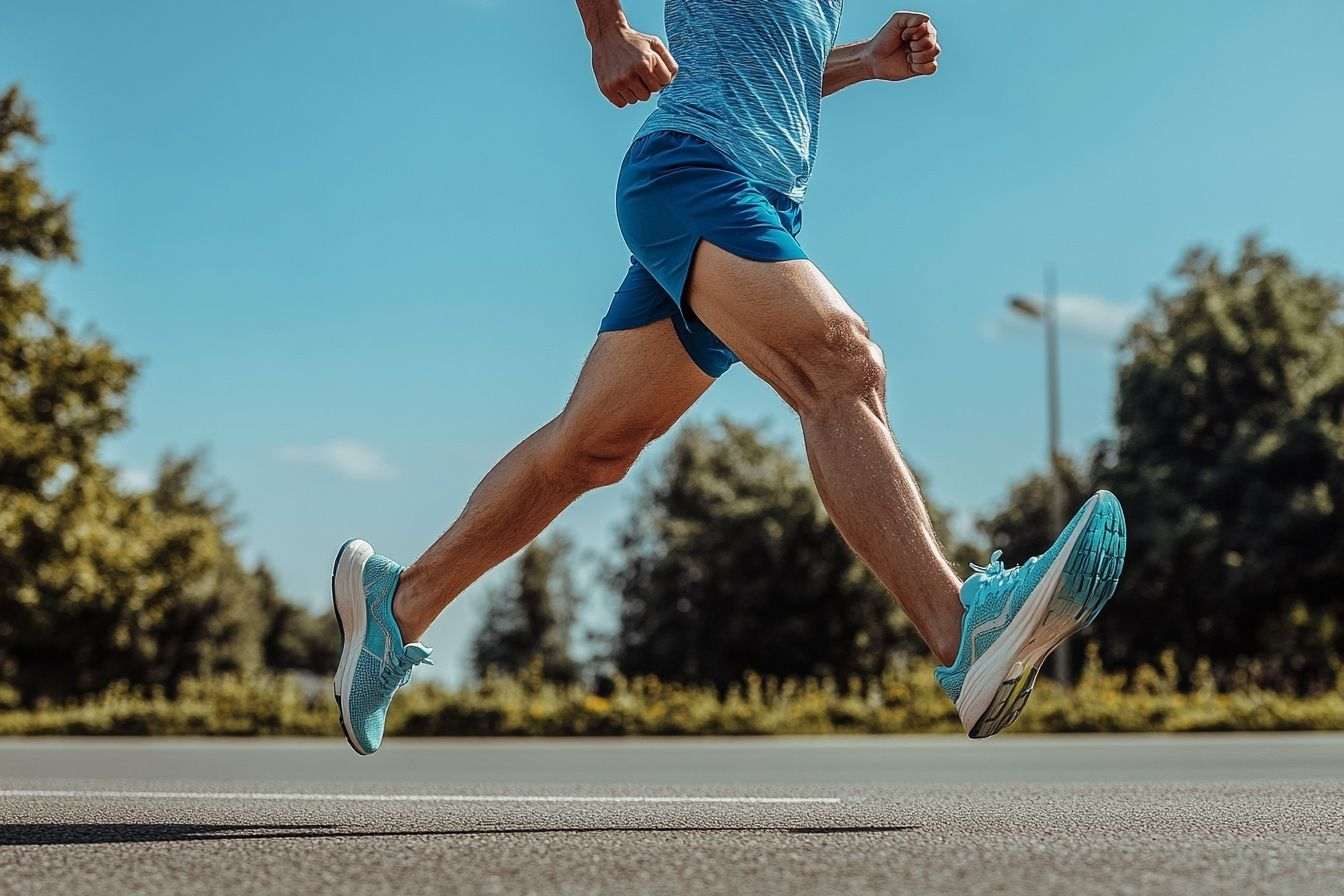 Cette image montre un athlète de profil en pleine course, mettant en valeur la grâce et l'équilibre de sa technique.