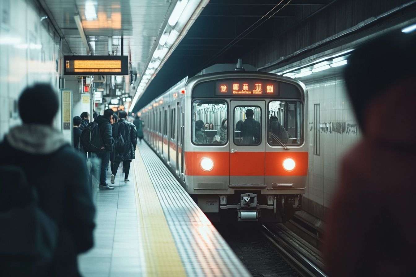 Image d'illustration. Vue rapprochée du train de transport public arrivant à une station de tokyo