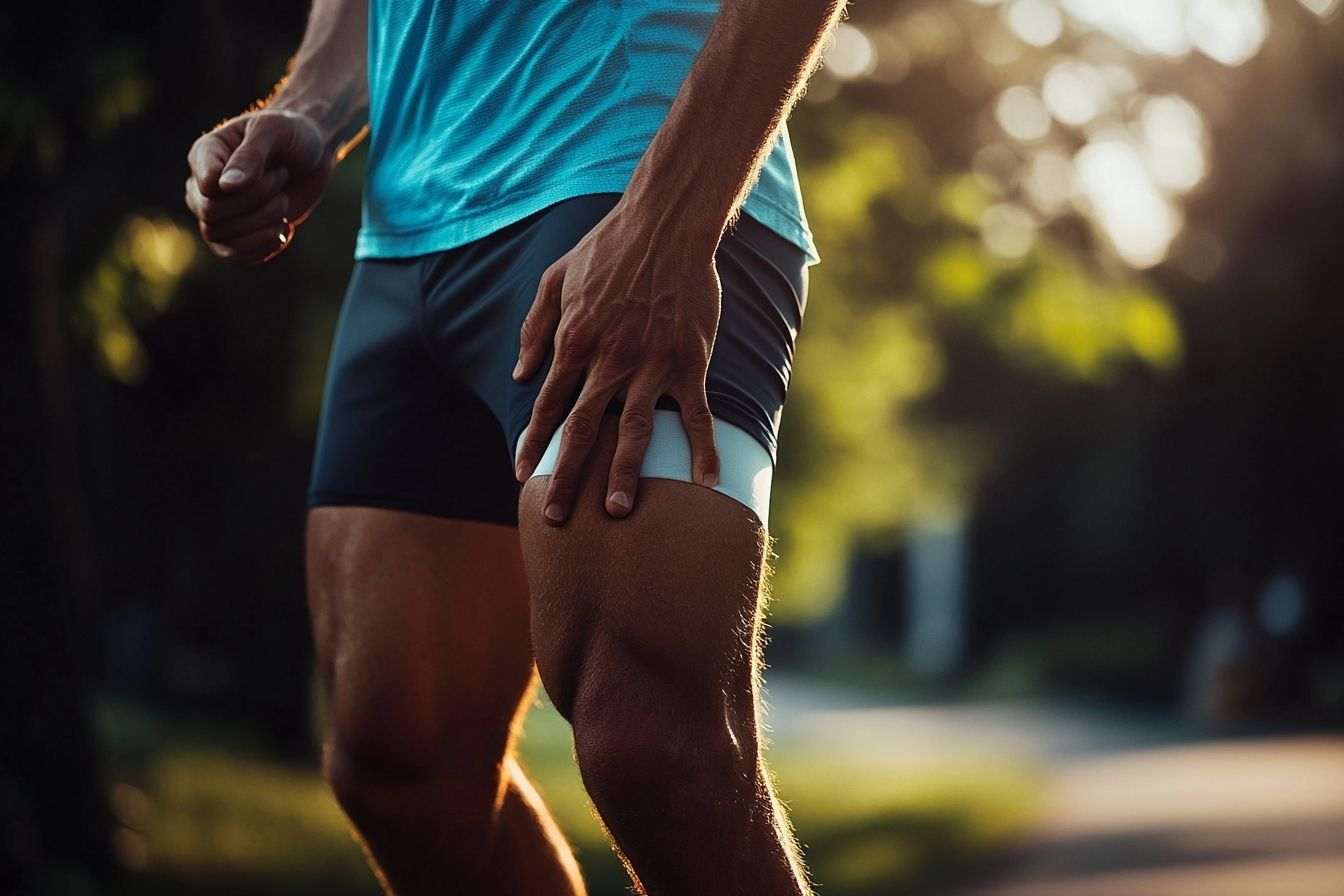 Athlète s'arrêtant en pleine course, main posée sur la cuisse, exprimant une gêne due à une crampe soudaine.