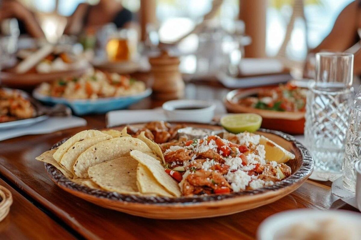Close up de plats mexicains traditionnels au restaurant en bord de mer à cancun