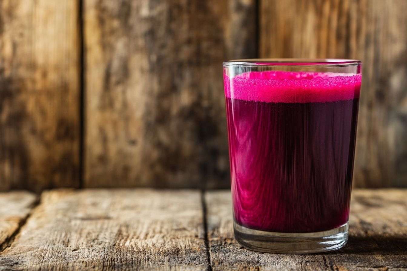A closeup image capturing the rich color of beet juice in a shot glass set against a rustic wooden backdrop.
