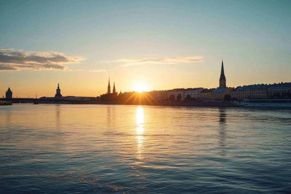 Coucher de soleil serein sur la rivière daugava
