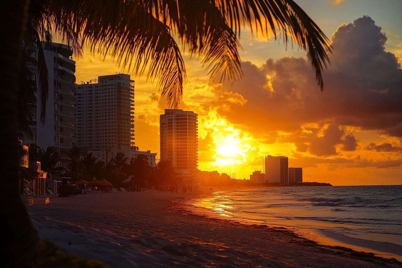Coucher de soleil vibrant projetant une lumière dorée sur la ligne d'horizon de Cancun, se reflétant sur les hôtels de grande hauteur et les palmiers.