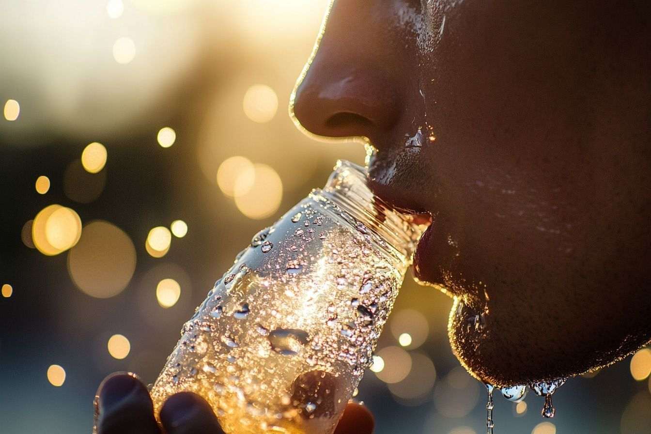 Gros plan d'un coureur buvant de l'eau lors d'un marathon, les gouttes scintillant au soleil.