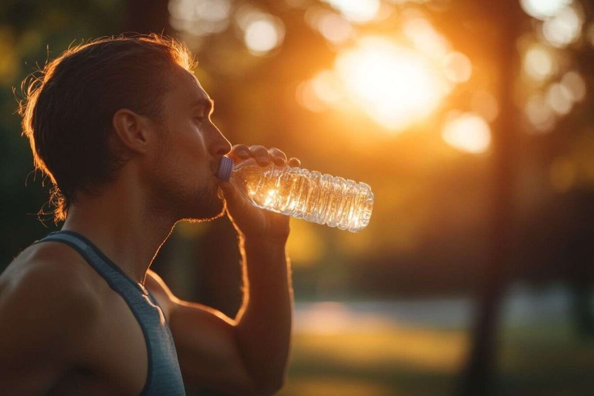 Coureur buvant eau pendant jogging matinal