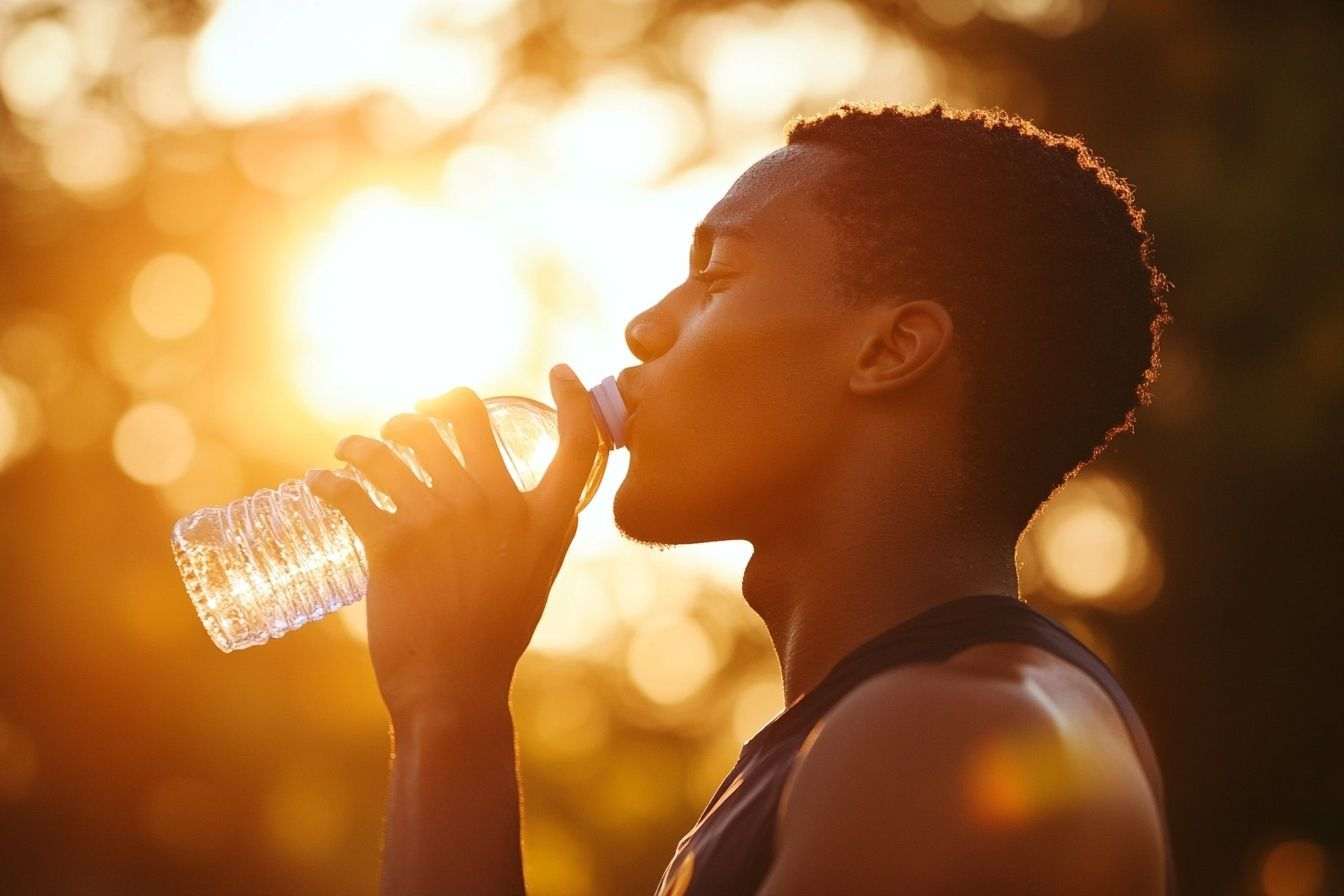 Un coureur s'arrête pour boire de l'eau d'une bouteille, profitant des rayons chauds du soleil.
