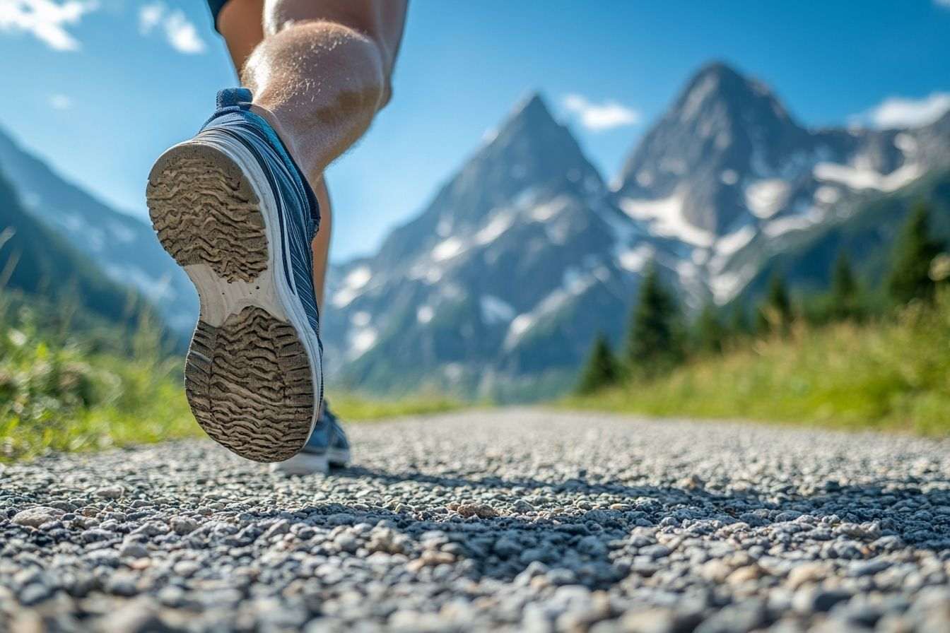 Les pieds d'un coureur frappent le chemin de gravier, entourés de pics majestueux sous un ciel bleu éclatant.