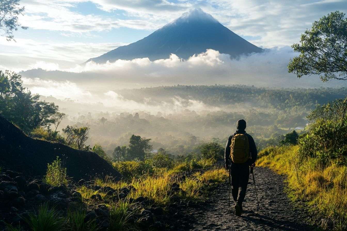 An adventurous early morning trek towards a majestic volcano enveloped in mist, with gentle rays of sunlight breaking through the cloud cover.