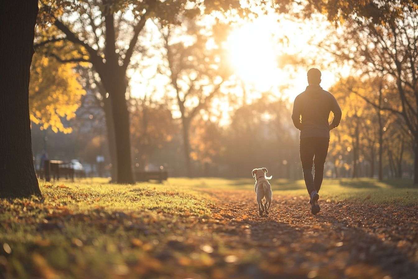 Un joggeur dans un parc, accompagné d'un chien courant joyeusement à ses côtés, sous le soleil transperçant les arbres.