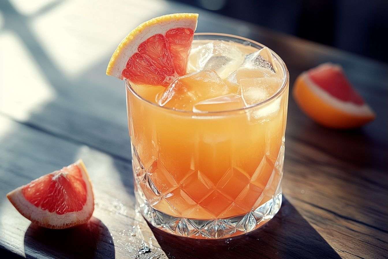 Jus de pamplemousse fraîchement pressé dans un verre en cristal avec des glaçons et une tranche de fruit.