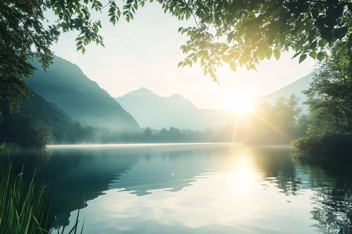Lever de soleil illuminant un lac de montagne paisible, entouré d'arbres luxuriants et de sommets lointains.