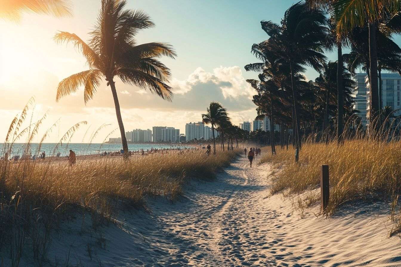 Une plage vibrante à Miami avec du sable doré et des palmiers se balançant doucement sous la brise chaude.