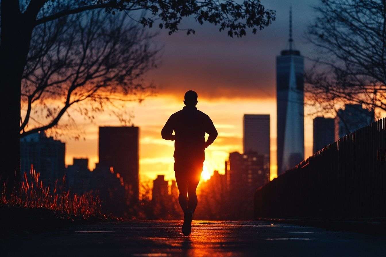 A captivating scene featuring a runner silhouetted against a vibrant sunset, framed by towering skyscrapers, creating a breathtaking urban landscape.