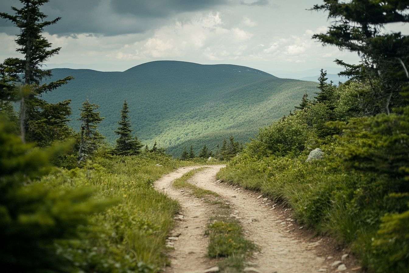 Un sentier sinueux dans les Montagnes Blanches, invitant à l'exploration au cœur d'une beauté naturelle saisissante.