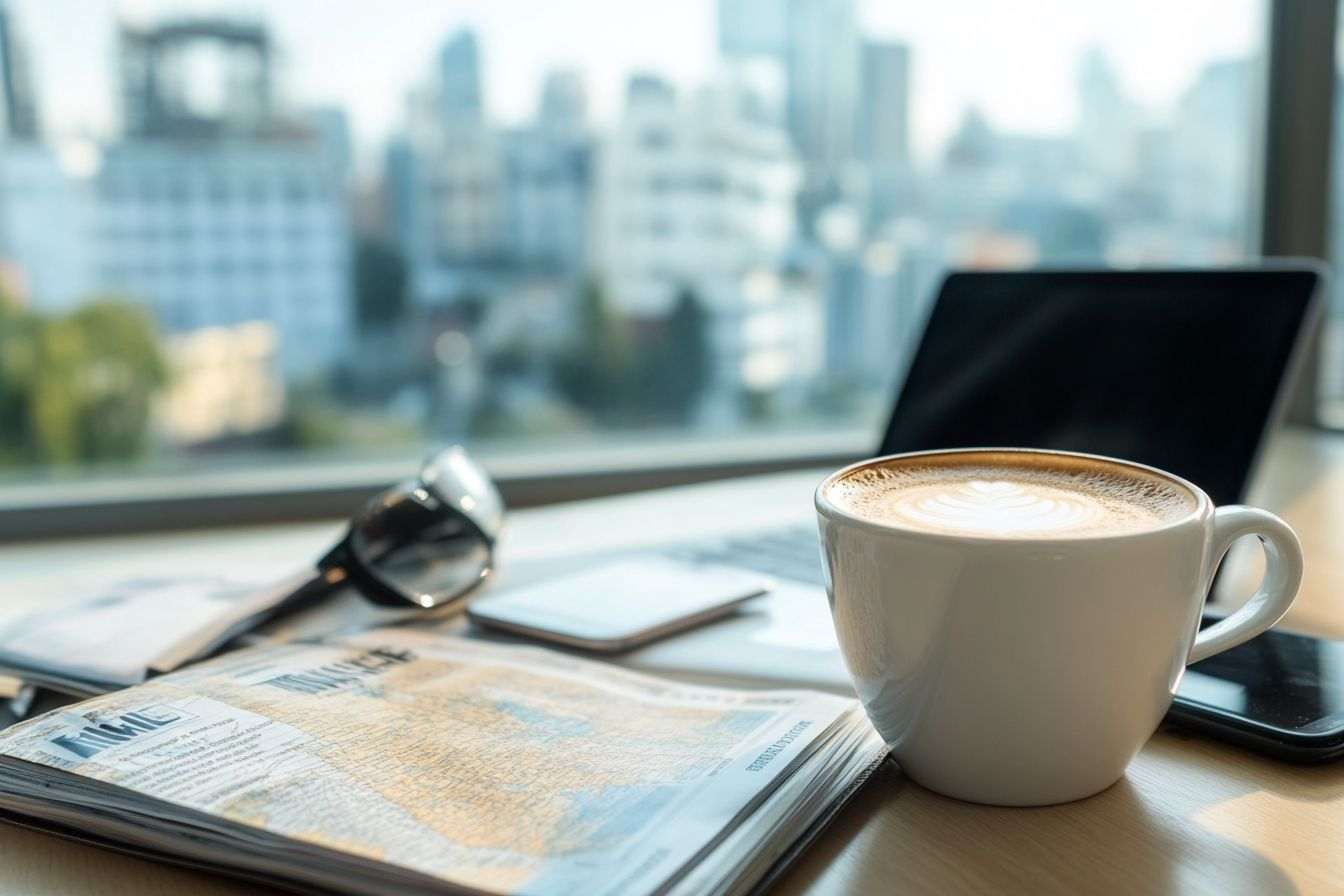 Une tasse de café à côté de guides de voyage et d'un ordinateur portable, avec une vue sur la skyline urbaine.