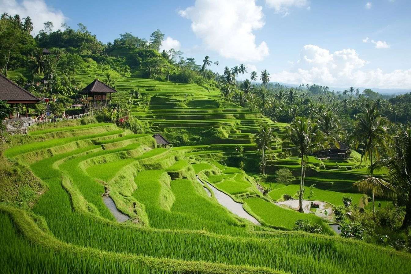 Terrasses de riz luxuriantes dévalant la colline sous le ciel bleu clair de Bali.