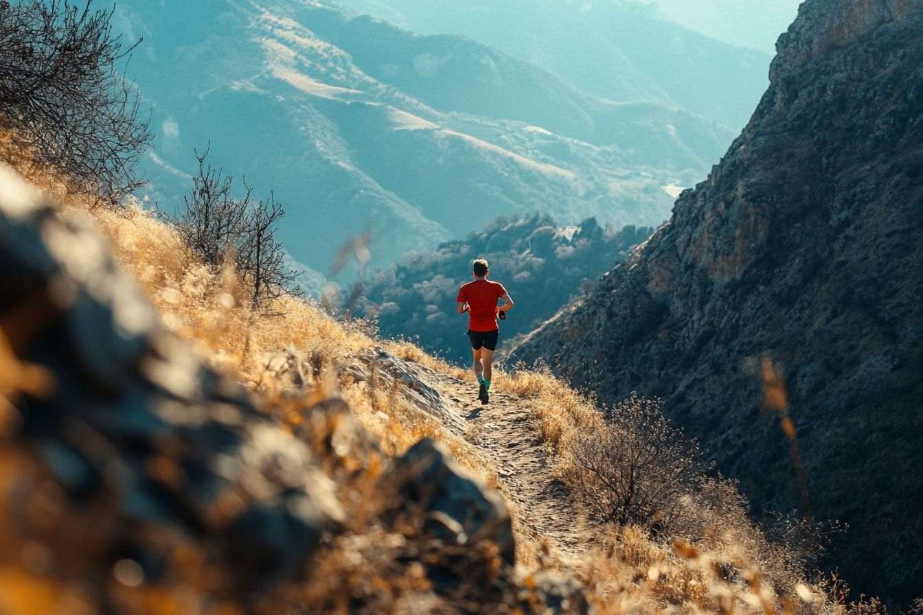Sentier de montagne escarpé illustrant la montée déterminée d'un coureur contre un paysage à couper le souffle.