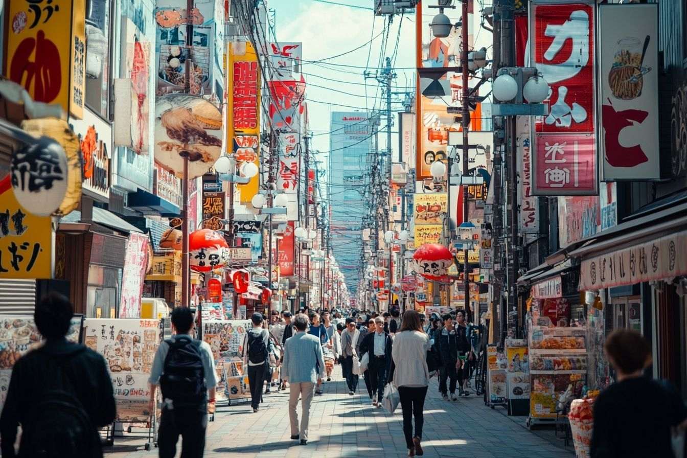 Photo prise par drone des rues animées d'Osaka avec des enseignes colorées et des piétons actifs.