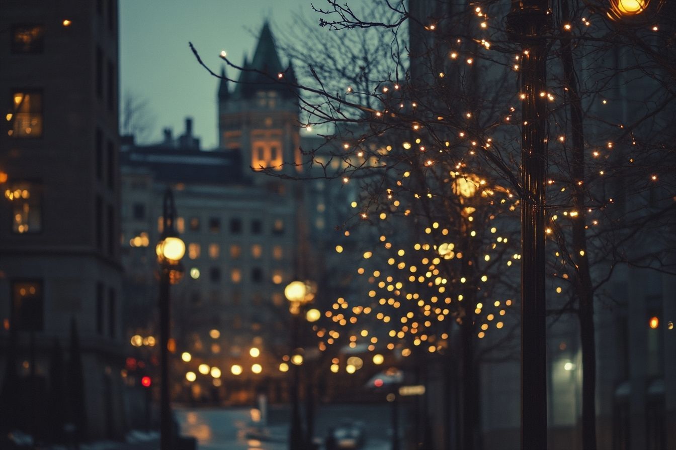 Une vue captivante des immeubles lumineux au centre-ville de Montréal, créant une ambiance féérique sous les lumières de la ville.