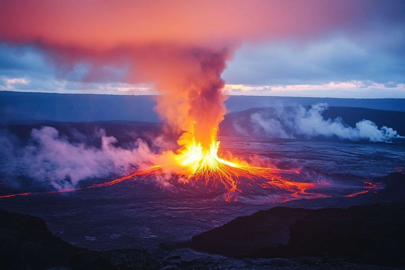 Une vue panoramique saisissante du volcan Kilauea en éruption, avec de la lave incandescente et une fumée épaisse se détachant sur un ciel crépusculaire.