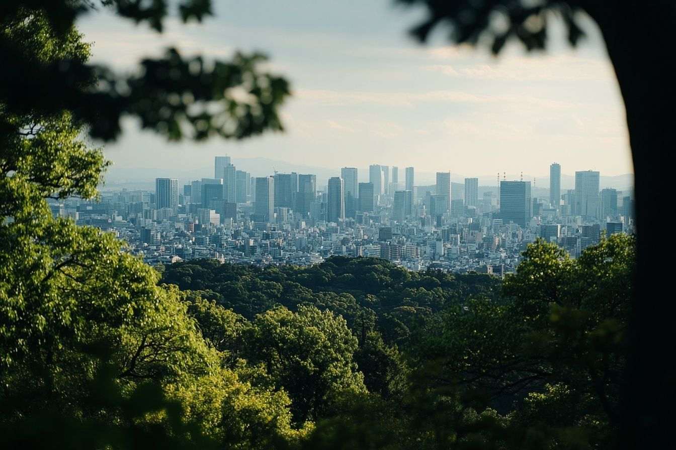 Vue pittoresque depuis le sommet de Takaosan offrant un panorama sur la ville de Tokyo, entourée d'une verdure luxuriante.