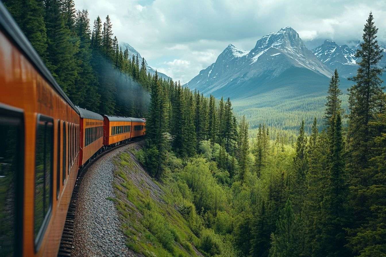 Photo d'un train en mouvement dans les forêts verdoyantes et montagnes du Canada