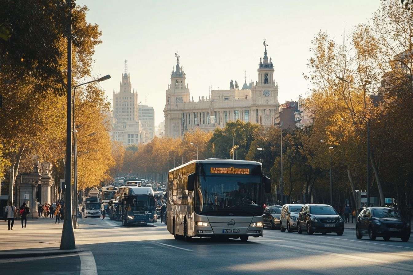 Paysage emblématique de Madrid avec un bus traversant une place active