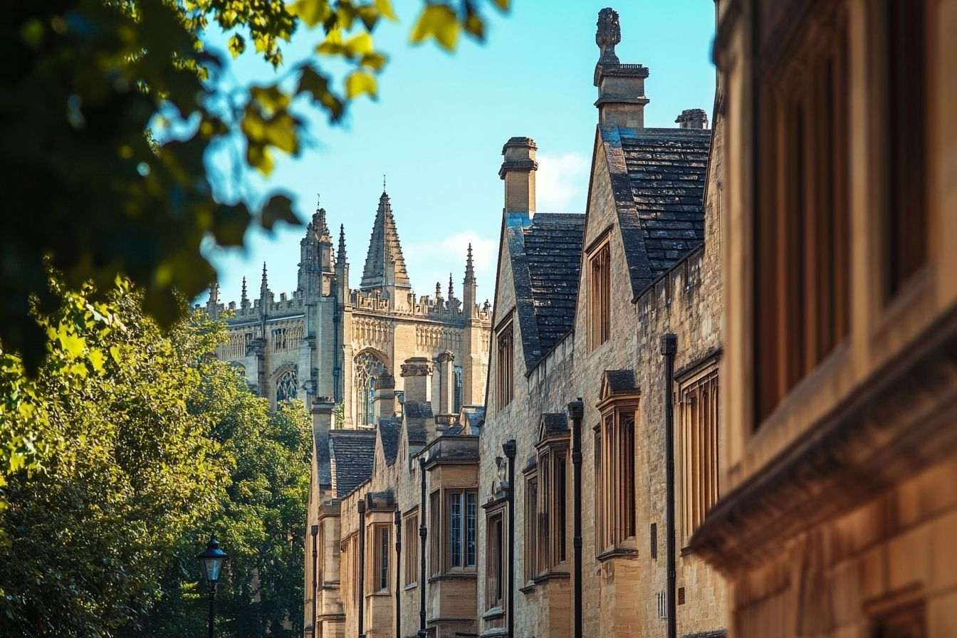 Une vue captivante de l'architecture historique d'Oxford sous un ciel bleu éclatant.