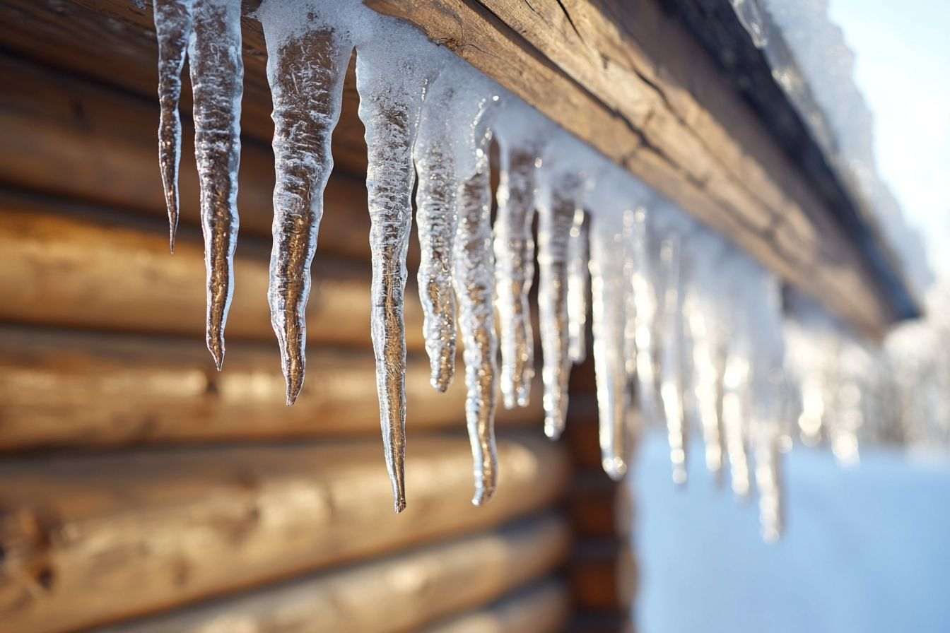 Icicles sur cabane en bois