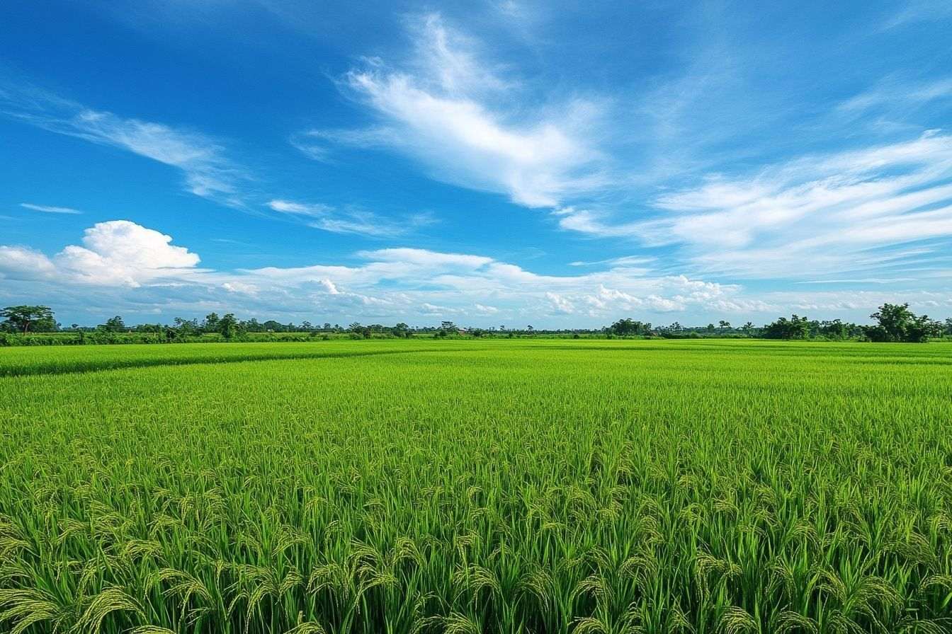 Rizières verdoyantes sous un ciel bleu vibrant au cambodge