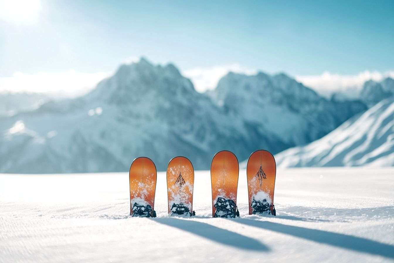Snowboards alignés sur neige immaculée avec alpes majestueuses