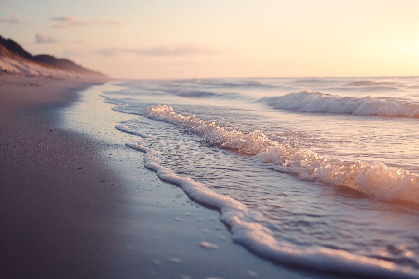 Soft waves on normandy beach at sunset
