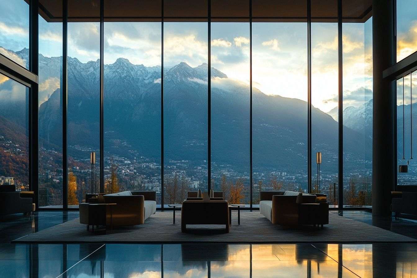 Vue spectaculaire de l hôtel avec montagnes au coucher du soleil