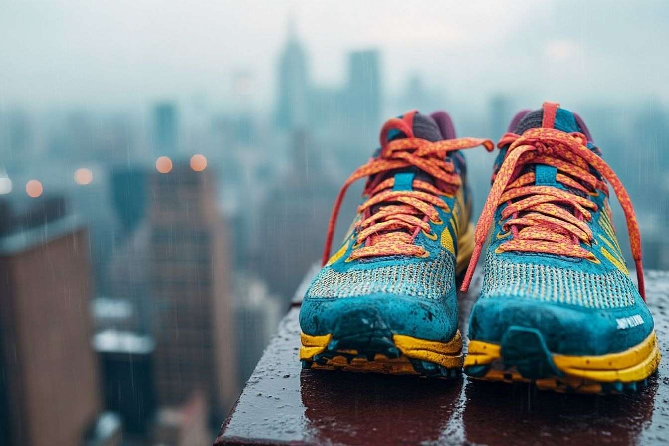 Chaussures de course usées avec lacets vibrants