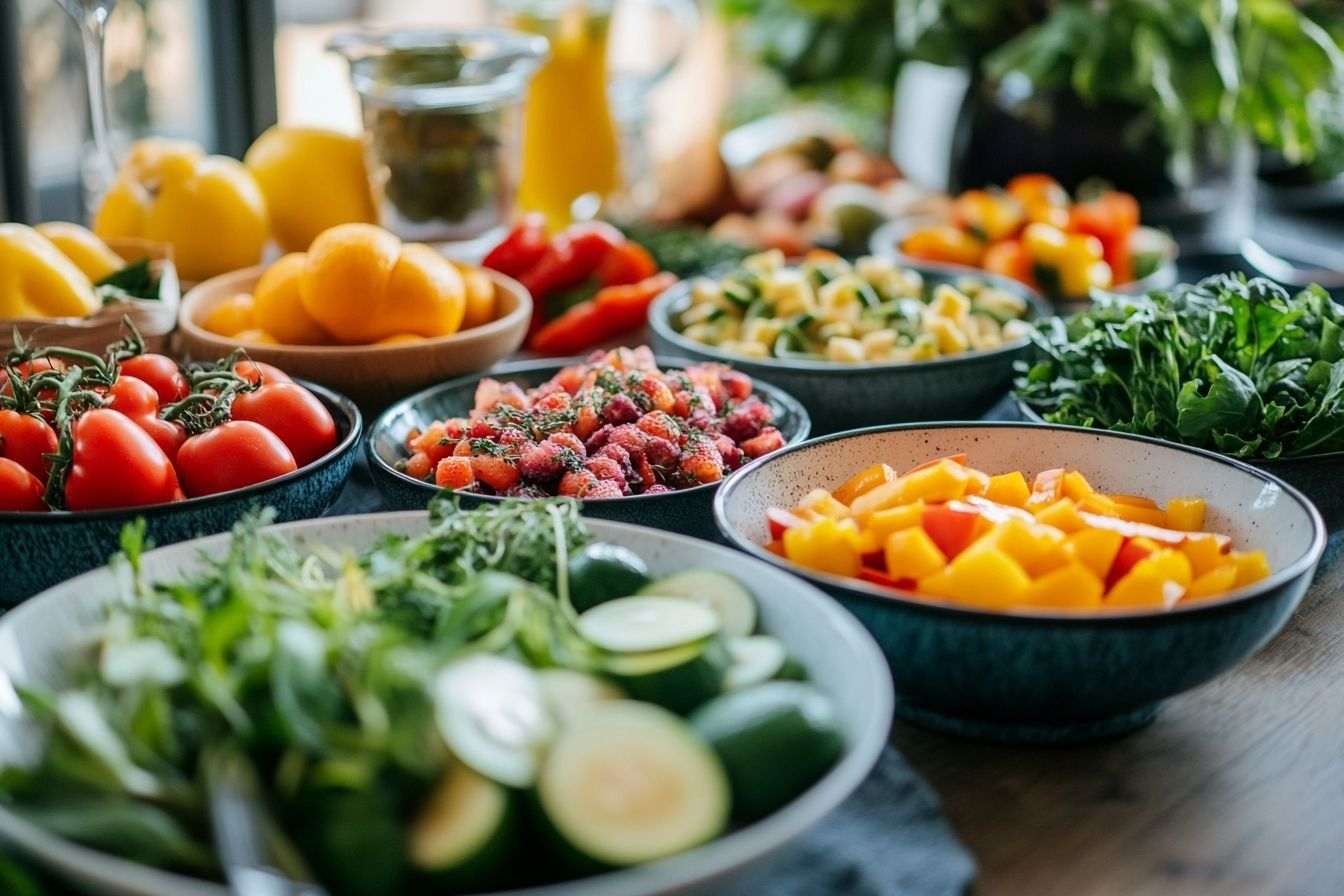 Colorful fruits and vegetables on table