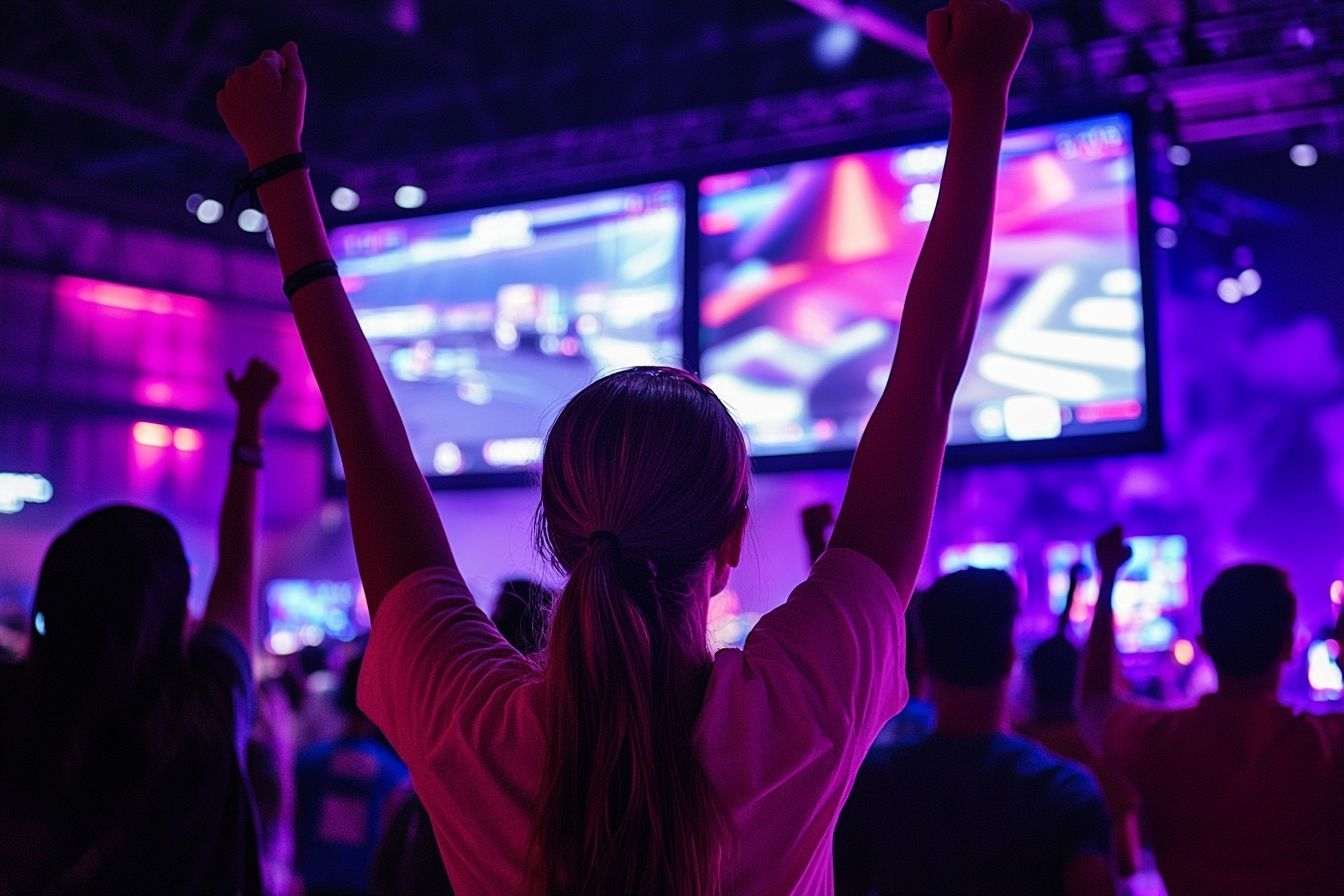 Enthousiasme autour d une scène esports avec visuels vibrants.