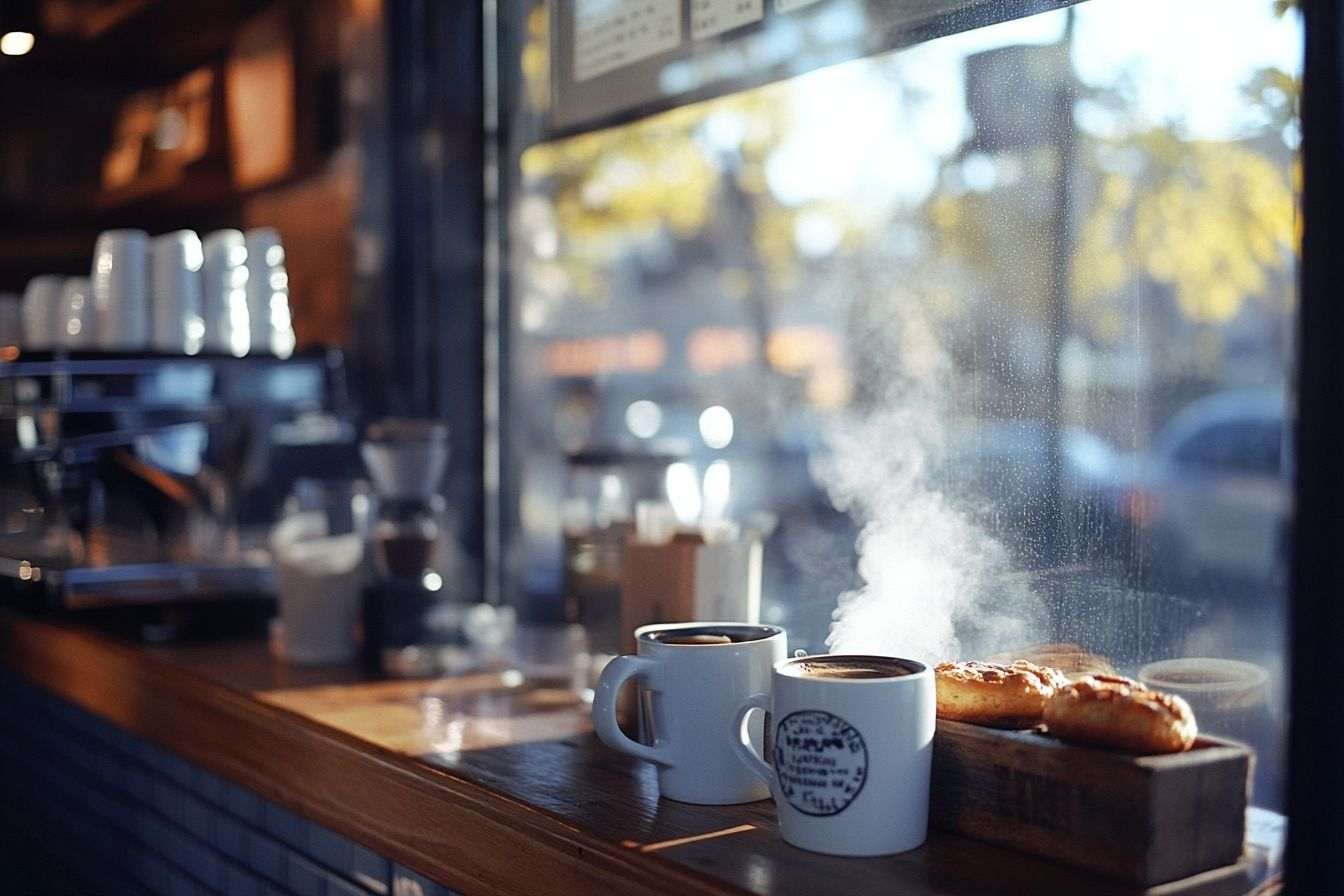 Intérieur chaleureux de café avec mugs fumants et pâtisseries