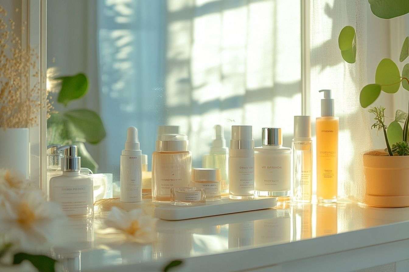 Présentation de produits kbeauty sur une coiffeuse élégante